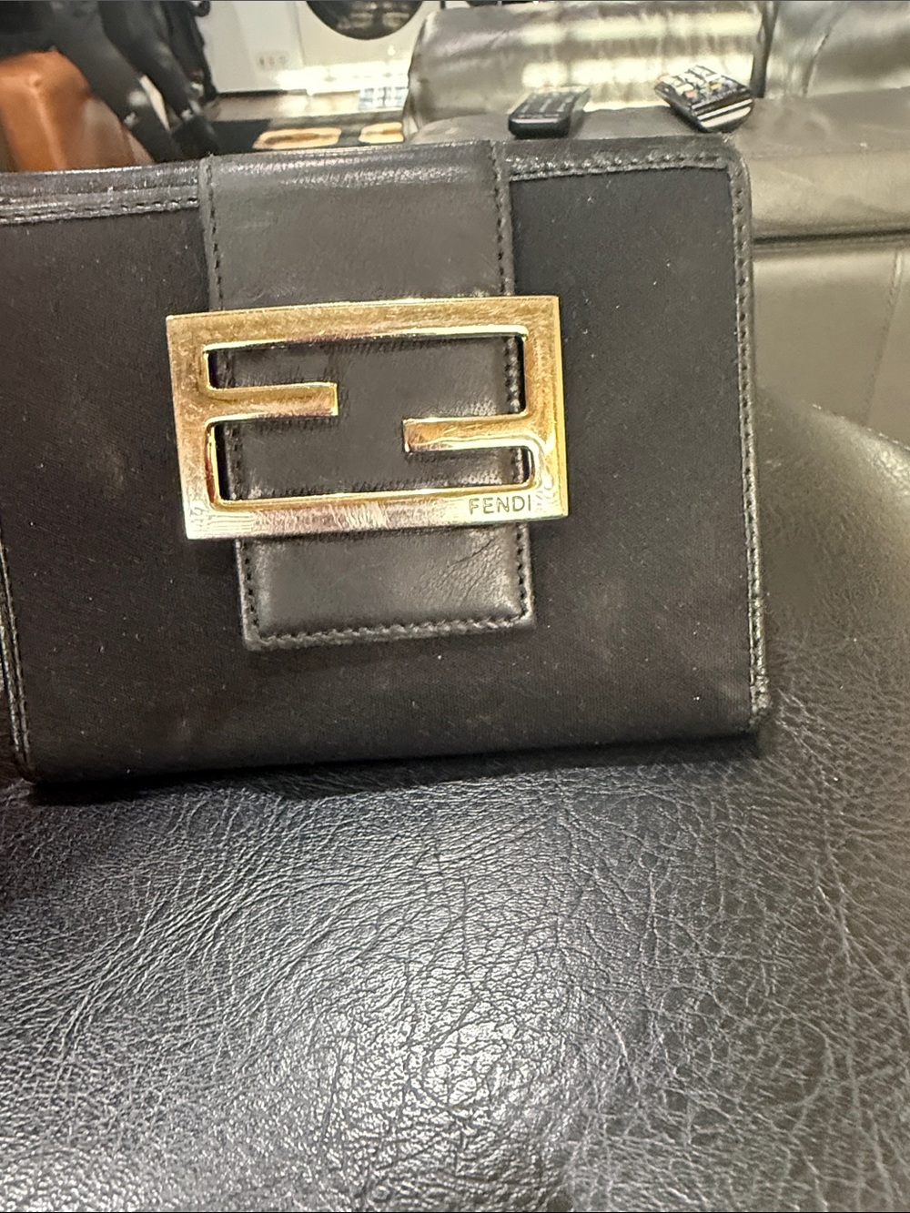 Fendi Black Leather Clasp Wallet with Gold F Logo